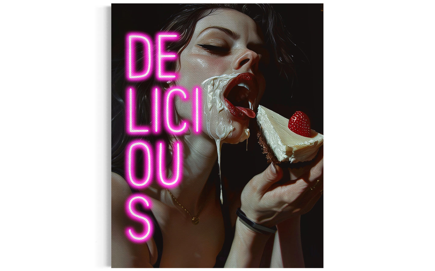 delicious cake eating woman on canvas