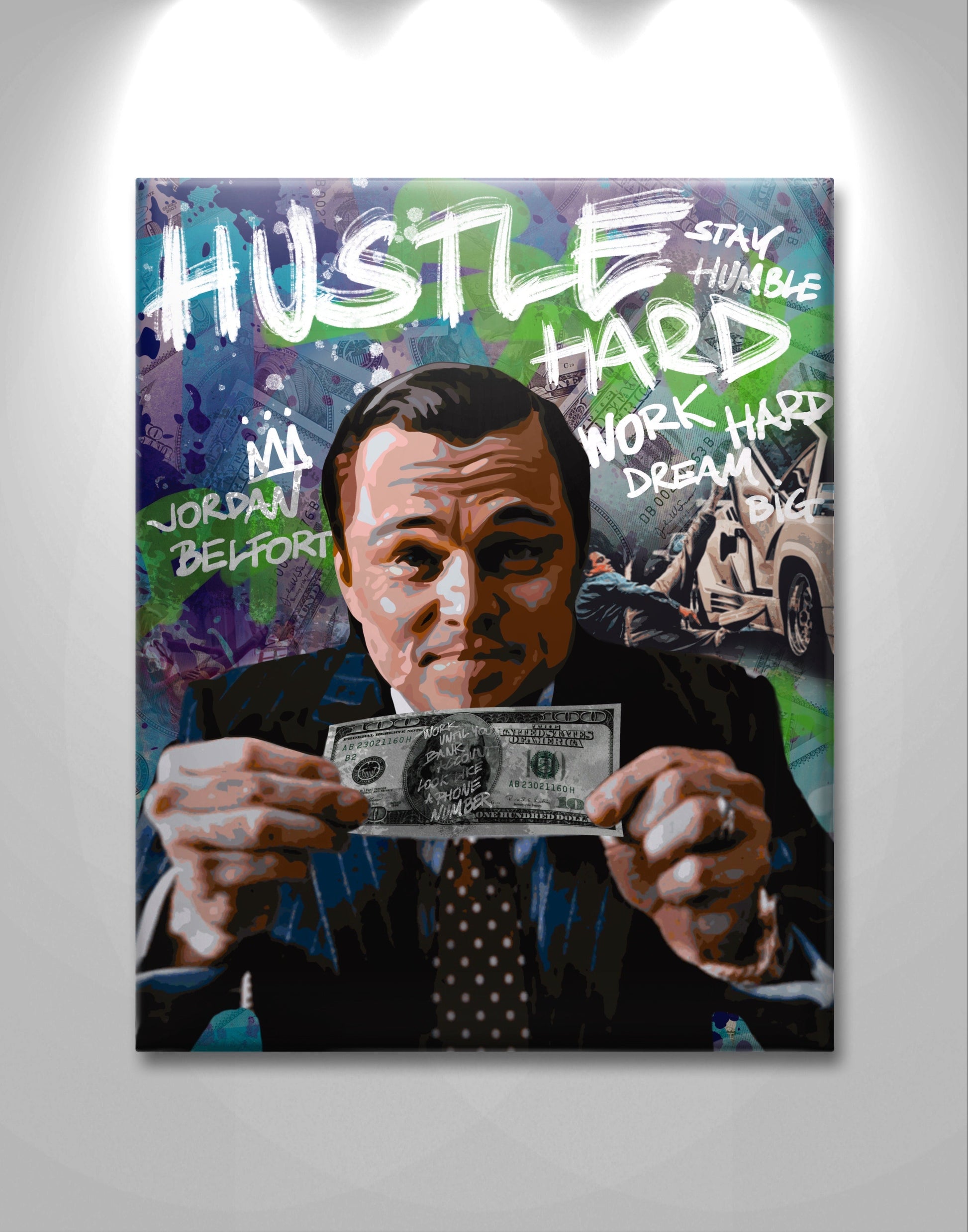 pop art canvas belfort wolf of Wall Street money happy wolf moneymaker work hard play hard