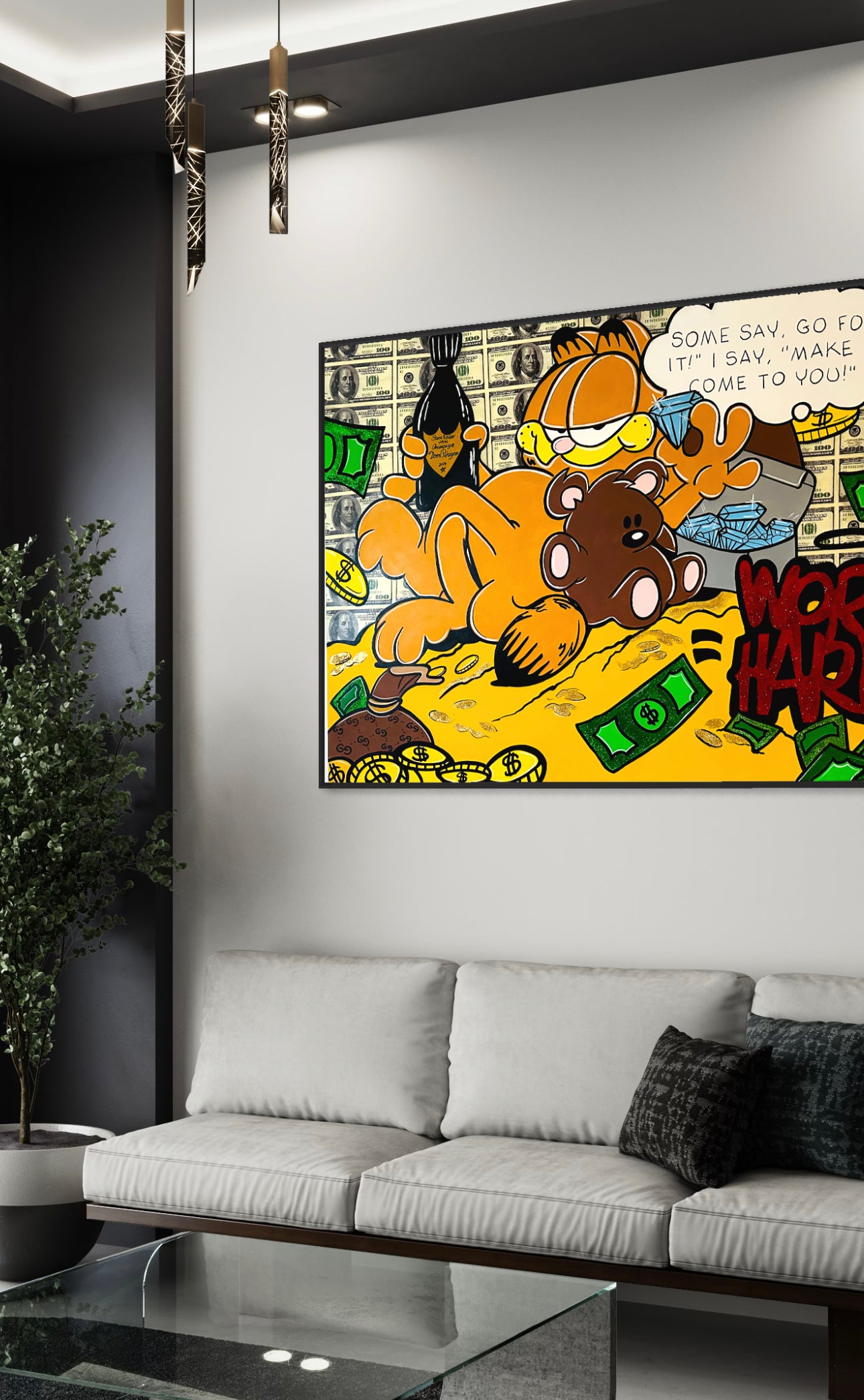 original painting canvas work hard play hard teddy bear 