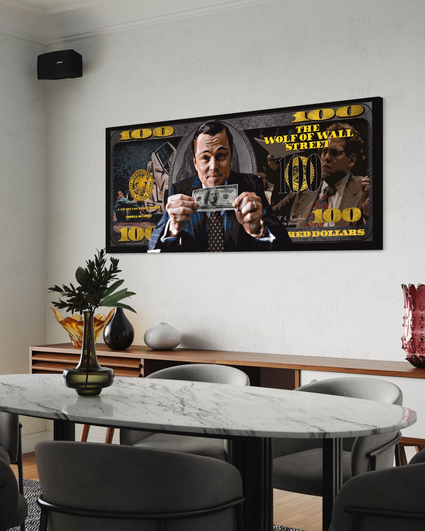 money motivation art pop art canvas wolf of wall street art of Jordan belfort with money