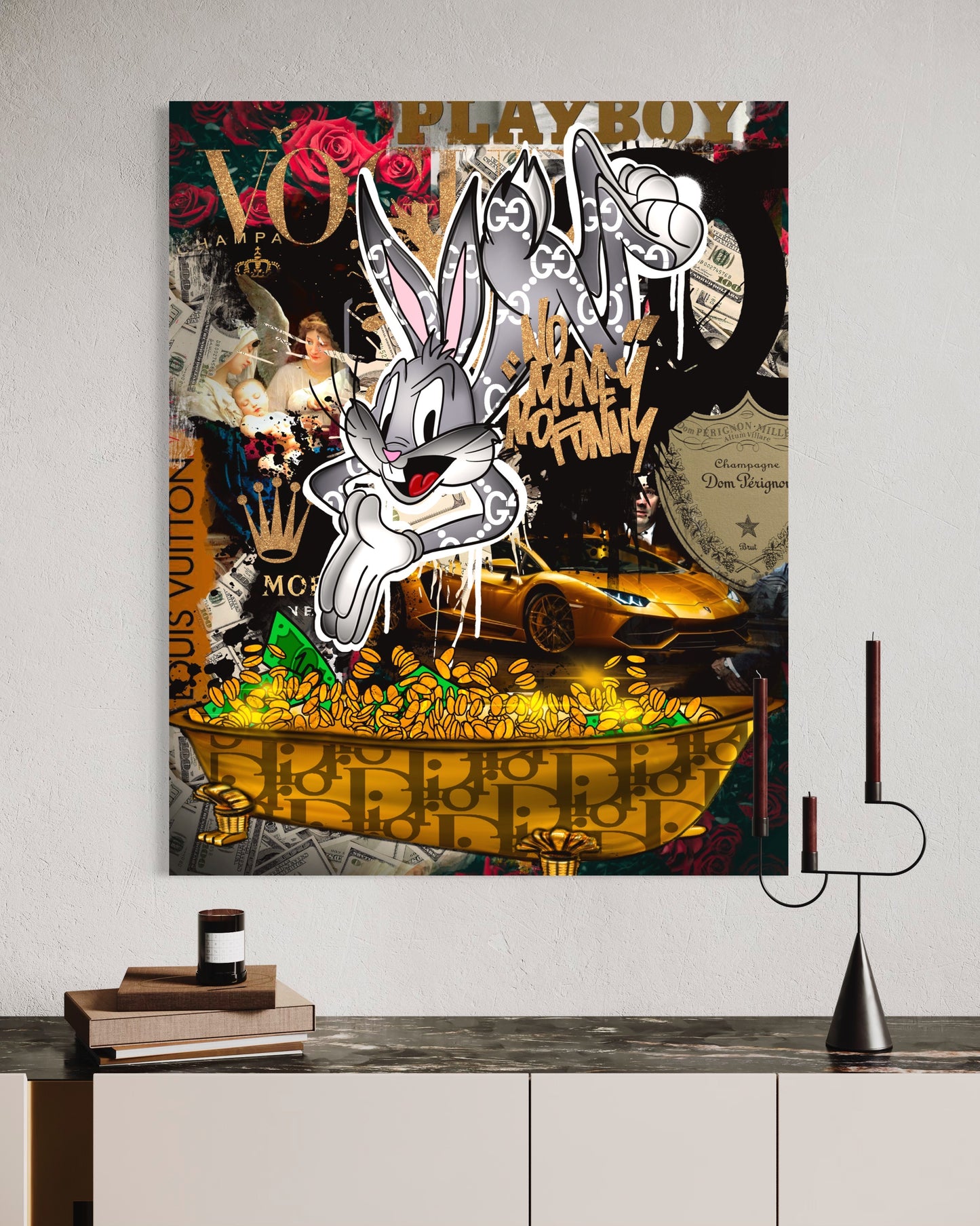 pop art canvas bunny gold bath full of money painting cartoon