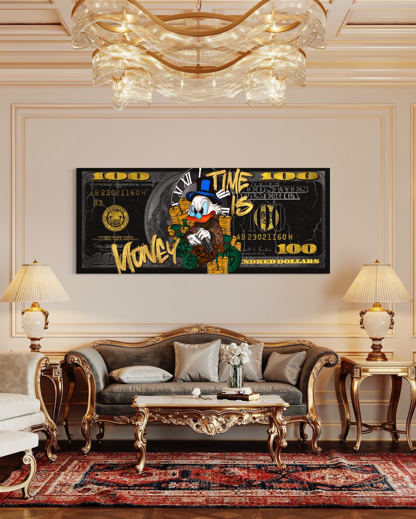 gold and black modern pop art canvas obraz na plátně  mc duck time is money 