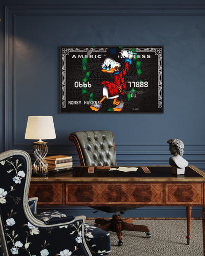 pop art canvas duck  playing golf with money on black and silver canvas